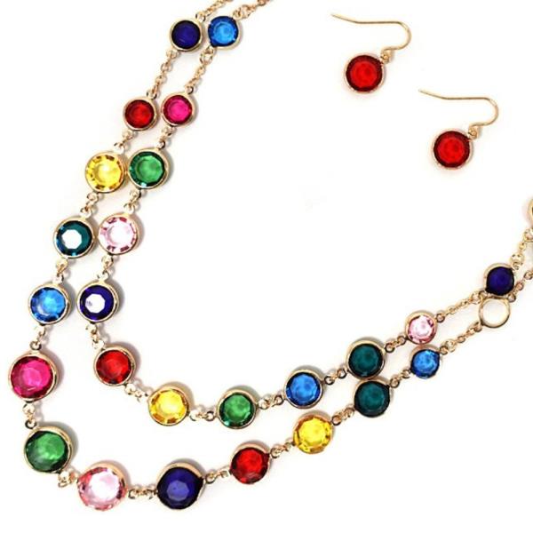 Multi Color Stone Layered Necklace Earring Set