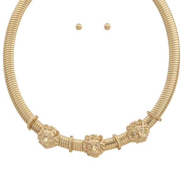 Three Lined Lion Head Collar Necklace Earring Set