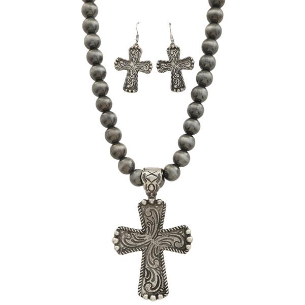 CROSS PENDANT BEAD WESTERN STYLE NECKLACE EARRING SET