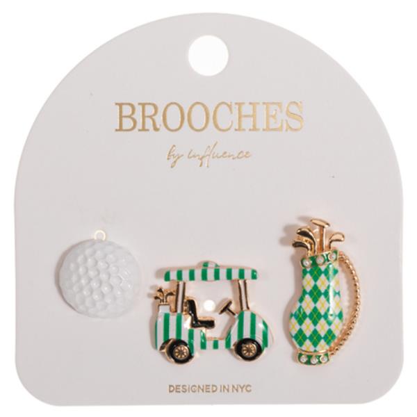 Golf Ball, Cart And Bag Enamel Brooch 3 Set
