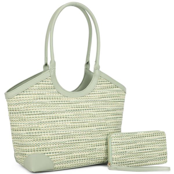 2In1 Woven Shoulder Tote Bag W Wallet Set