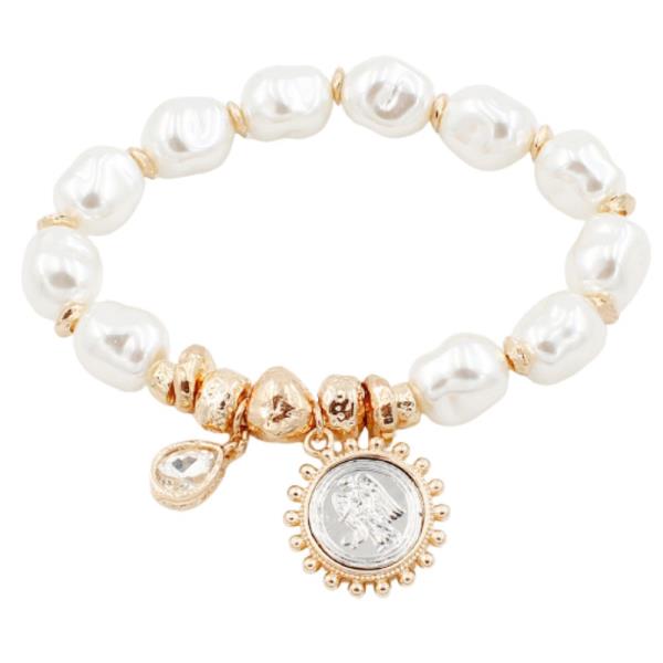 Coin Charm Pearl Stretch Bracelet
