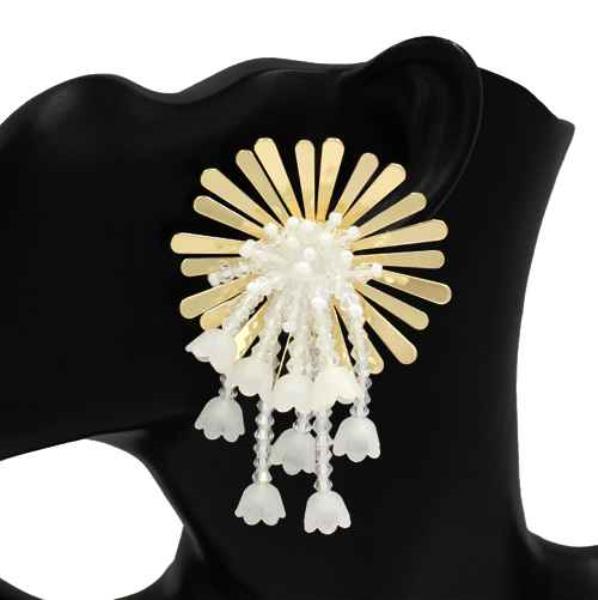 Pearl Metal Sunburst Fringe Drop Statement Earring