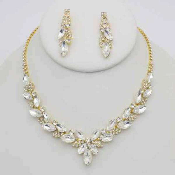 Crystal Stone Leaf Cluster Necklace Earring Set