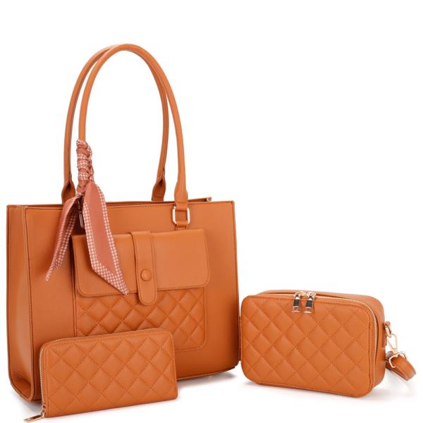 3 IN 1 FAUX LEATHER QUILTED TOTE BAG WALLET POUCH SET
