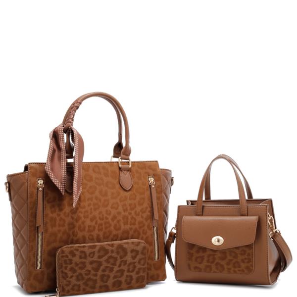 3 in 1 Leopard Silky Ribbon Tote Bag Wallet Set