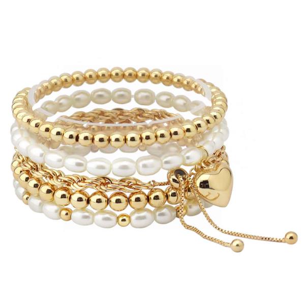 Pearl Metal Heart Multi Strand Bracelet Set