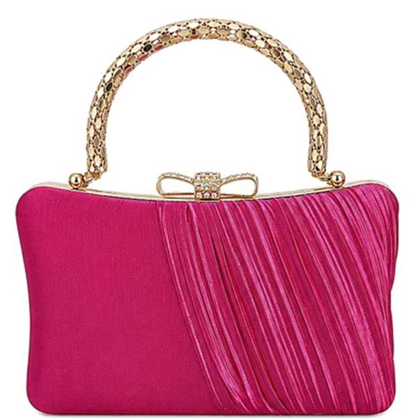BOW RHINESTONE EMBELLISHED HANDLE PLEATED DESIGN EVENING CLUTCH BAG