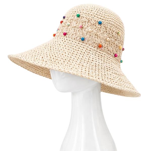 STRAW MULTI BEAD WIDE BRIM SUN HAT
