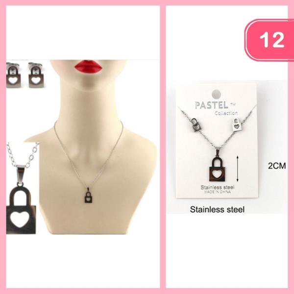 Stainless Steel Lock Necklace Set (12 Units)
