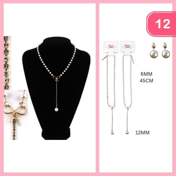 Pearl Bow Rhinestone Necklace Earring Set