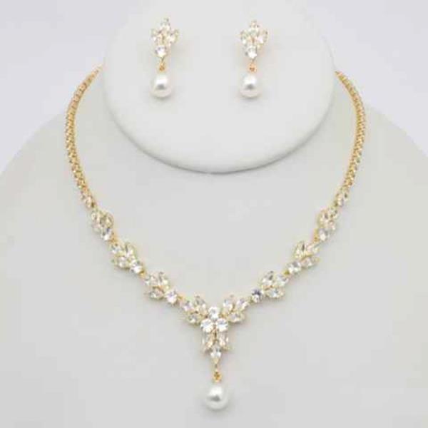 CZ Pearl Drop Necklace Earring Set