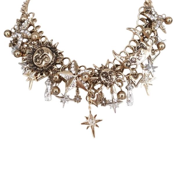 Rhinestone Sun Moon Star Charm Statement Necklace