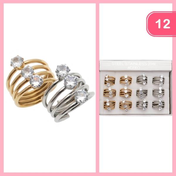 Stainless Steel Rhinestone Layered Ring (12 Units)