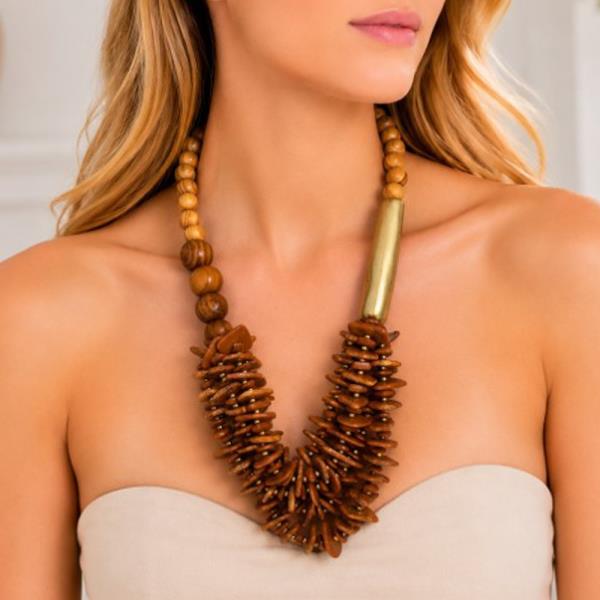 Wood Bead Spike Statement Necklace