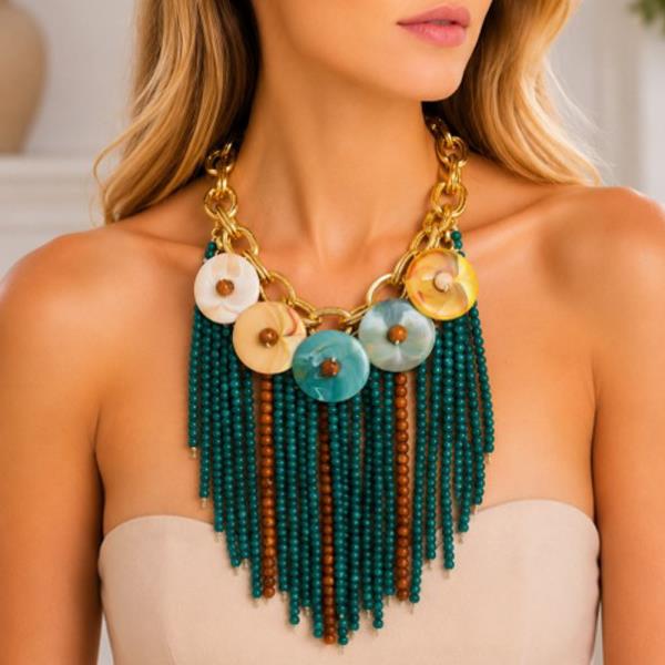 Shell Bead Fringe Statement Necklace