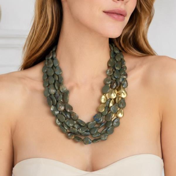 Metal Multi Stone Bead Multi Strand Necklace