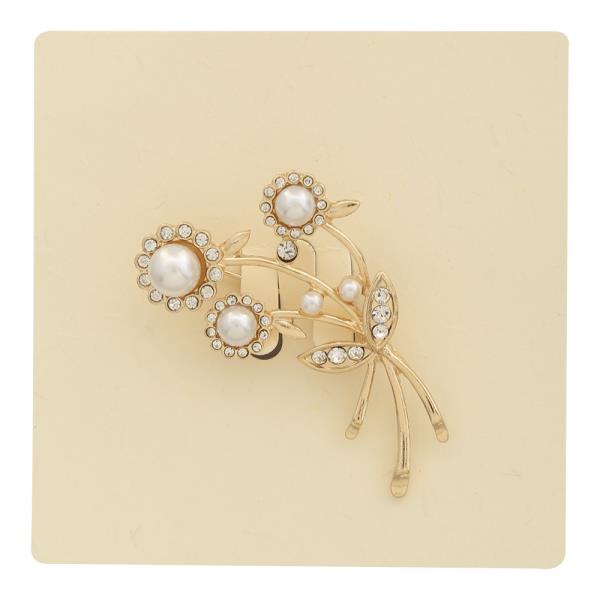 RHINESTONE PEARL FLOWER DESIGN BROOCH