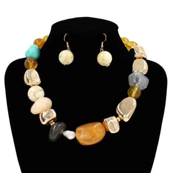 Resin Hammered Metal Bead Necklace Earring Set