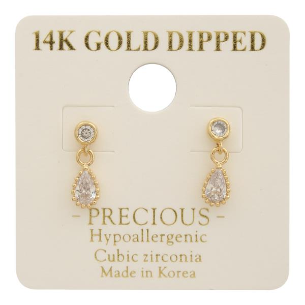 14K GOLD DIPPED CZ TEARDROP SHAPED DANGLING EARRING
