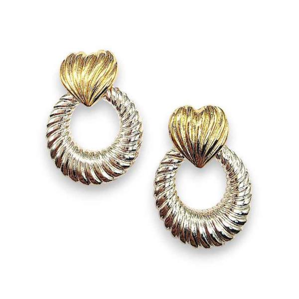 Two Tone Ribbed Heart Stud Round Hoop Drop Earring