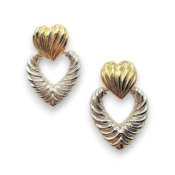 Two Tone Ribbed Heart Stud Open Heart Drop Earring