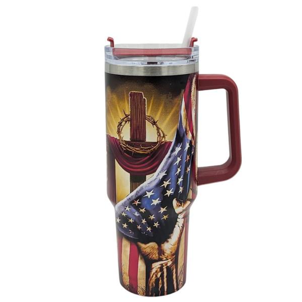 40oz Faith Cross American Flag Tumbler With Straw