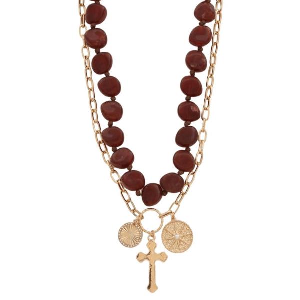 BEADED METAL CHAIN CROSS PENDANT NECKLACE