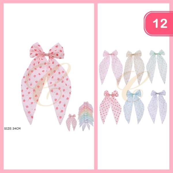 Flower Print Long Tail Hair Bow (12 Units)