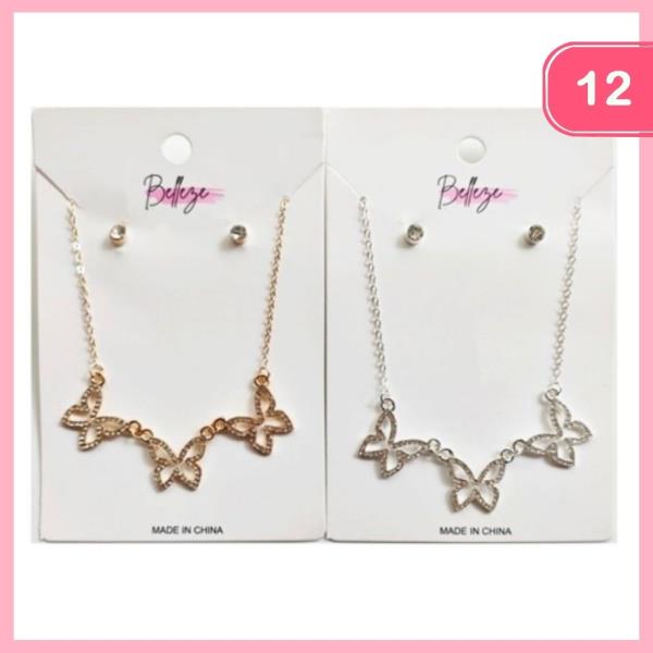 Metal Butterfly Necklace Earring Set (12 Units)
