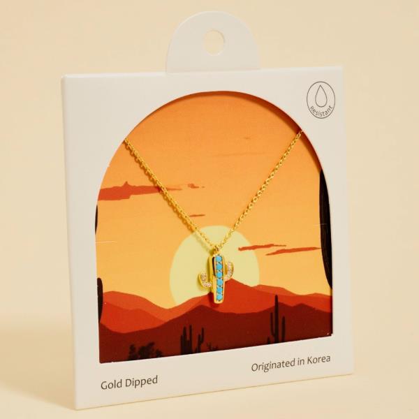 CACTUS W/ TQ, CLEAR CZ PAVED GOLD-DIPPED PENDANT NECKLACE