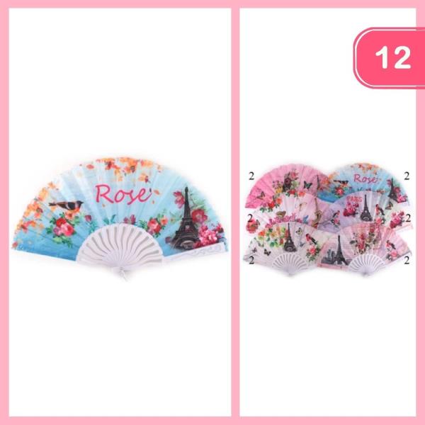 Flower Paris Tower Print Hand Fan (12 Units)