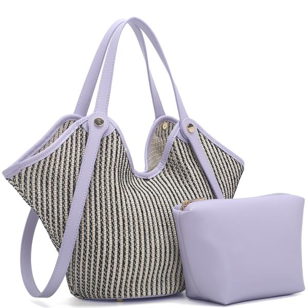 2IN1 Woven Stripe Tote Bag W Zipper Pouch Set