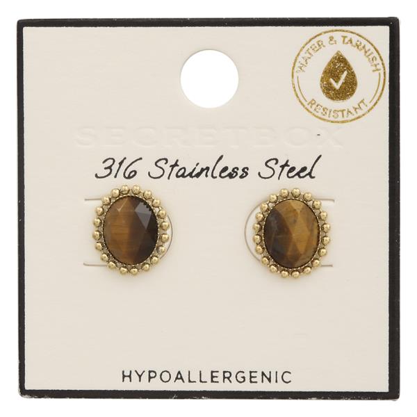 SECRET BOX Stainless Steel Oval Gem Earring