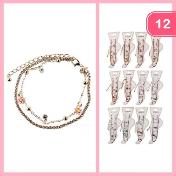 Rhinestone Flower Charm Chain Anklet (12 Units)