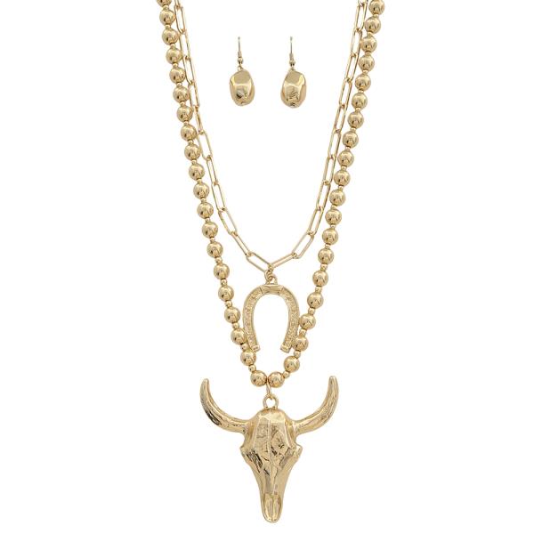 Bull Skull Pendant Layered Necklace Earring Set