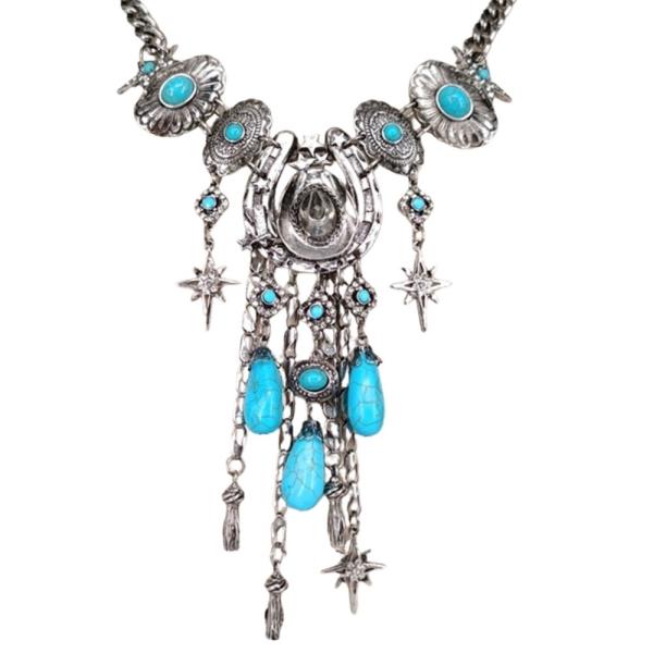 Western Multi Tassel Charm Statement Necklace