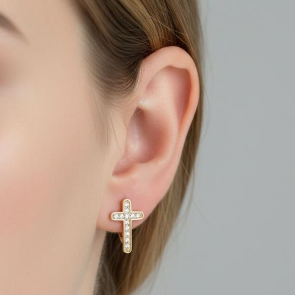 14K Gold White Dipped Cross Huggie Earrings CZ