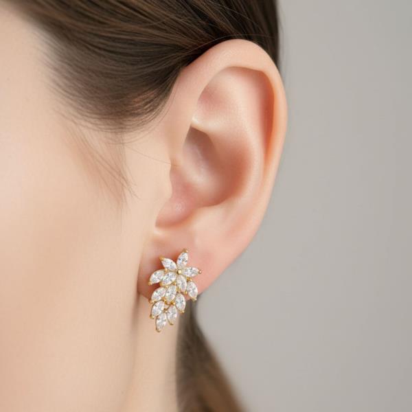 14K Gold White Gold Dipped Leaf CZ Earring