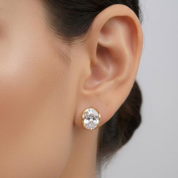 14K Gold White Dipped Oval Cubic Zirconia Earring