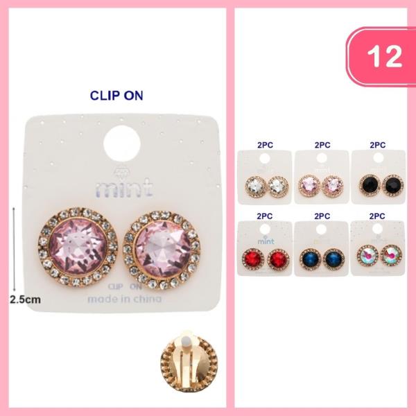 Rhinestone Post Clip On Earrings (12 Units)