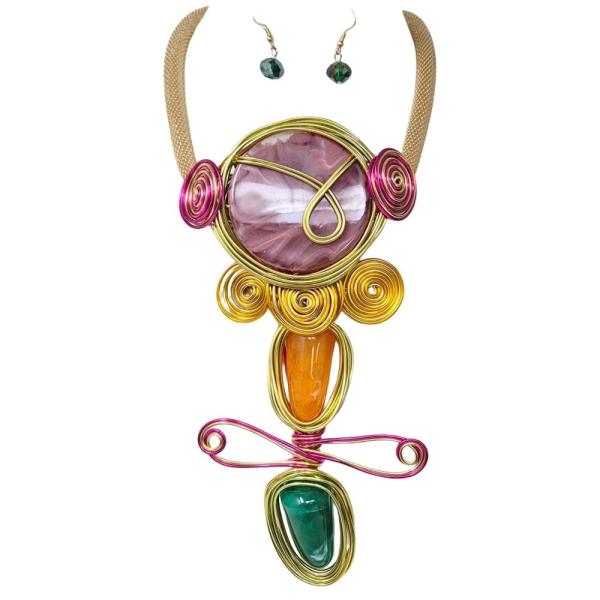 Wire Stone Pendant Statement Necklace Set