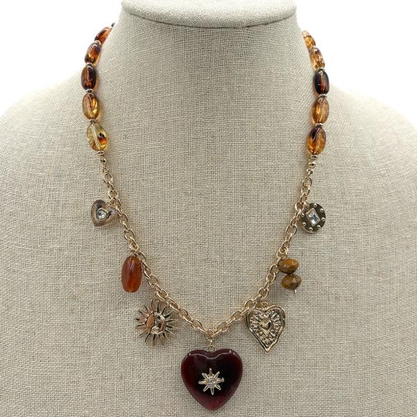 Tortoise Stone Multi Sun Heart Charm Necklace