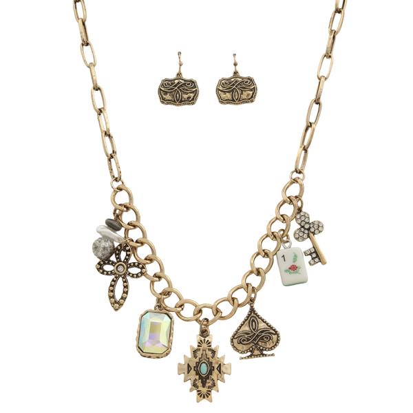 Turquoise Flower Cross Multi Charm Necklace