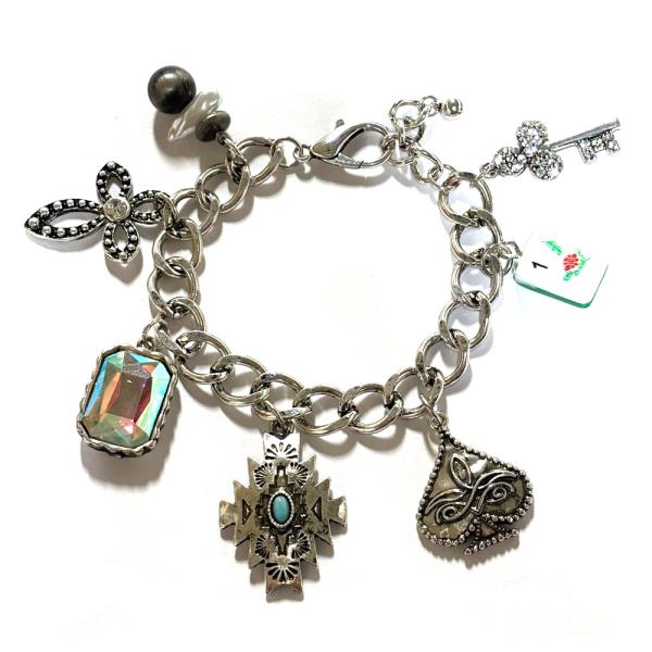 Turquoise Key Cross Multi Charm Chain Bracelet