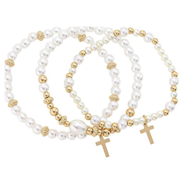 Pearl Cross Charm Stretch Bracelet Set