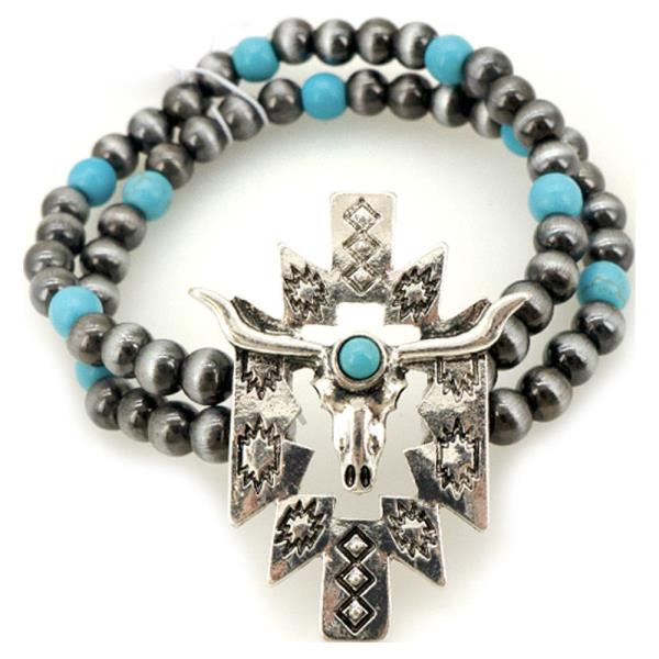 Western Bull Skull Cross Beaded Stretch Bracelet