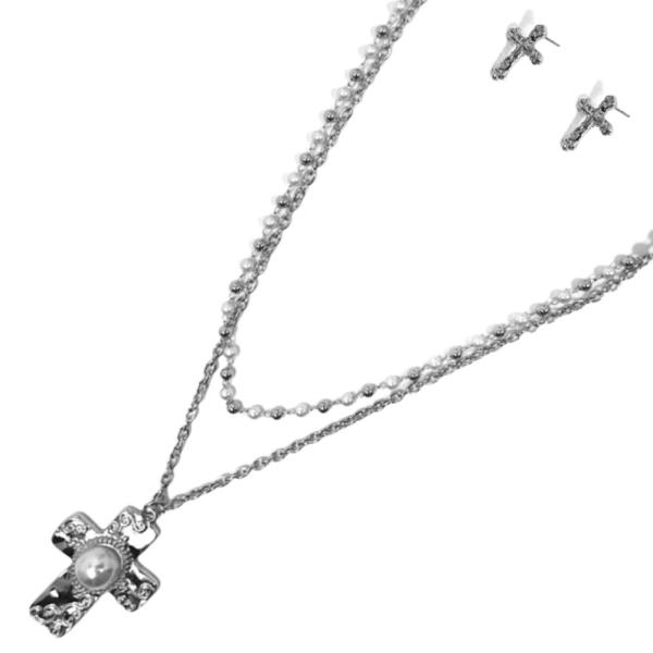 LAYERED W/ CROSS PENDANT NECKLACE EARRING SET