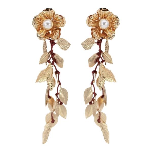 Metal Flower W Leaves Drop Earring