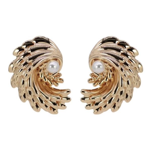 Textured Metal Wing W Pearl Post Earring